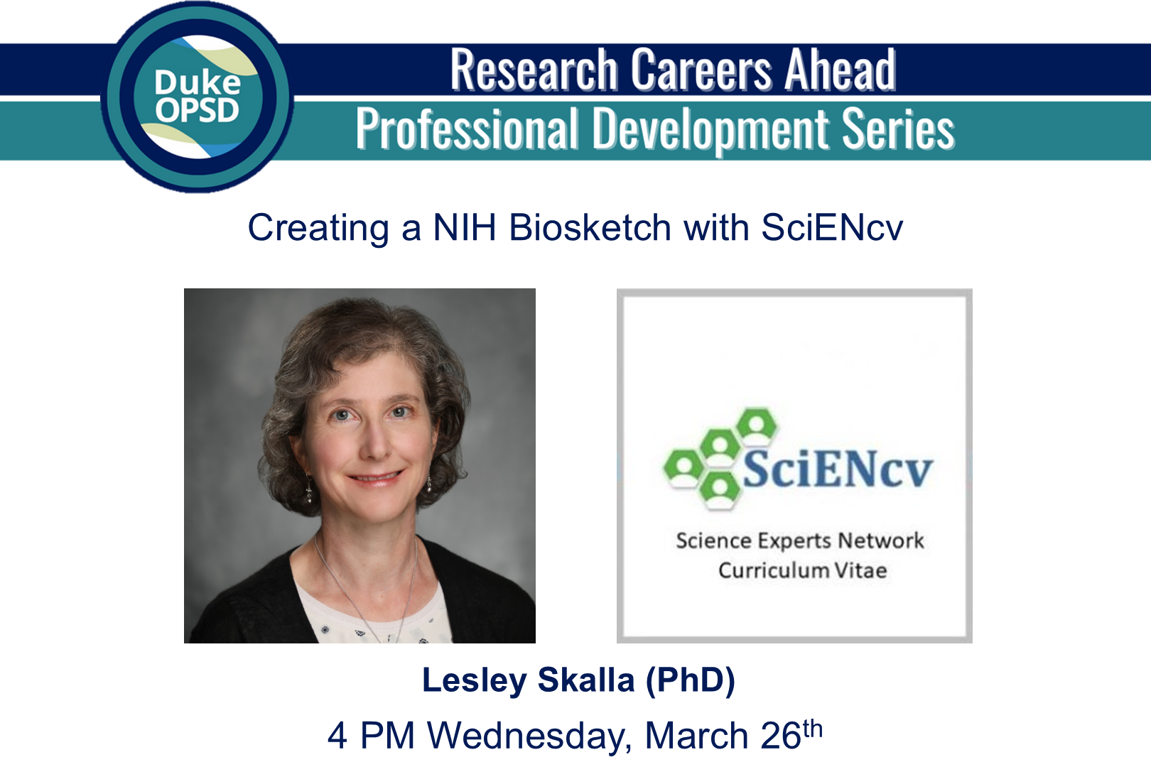 Headshot of Lesley Skalla and SciENcv logo